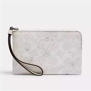Coach Corner Zip Zip Winter Wristlet with Silver Snowflake print